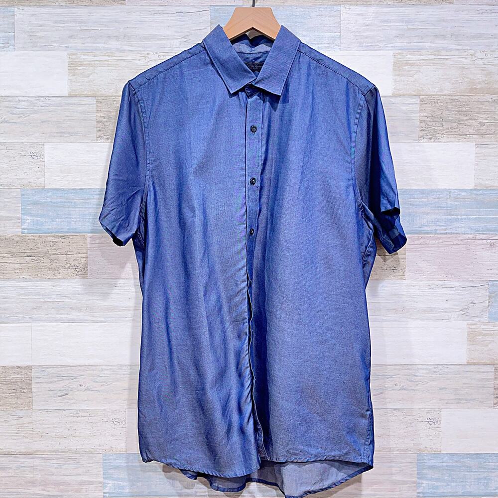 Saks Fifth Avenue Chambray Short Sleeve Shirt Navy Blue Lyocell Mens Large
